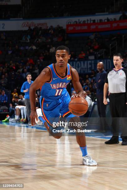 Theo Maledon of the Oklahoma City Thunder drives to the basket during the game against the Orlando Magic on March 23, 2022 at Paycom Arena in...