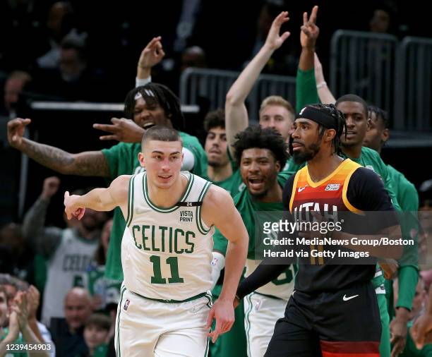 March 23: The Boston Celtics bench celebrates Payton Pritchard 3-pointer during the second half of the NBA game against the Utah Jazz at the TD...