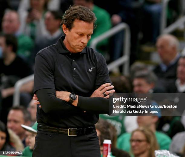 March 23: Utah Jazz head coach Quin Snyder during the first half of the NBA game against the Boston Celtics at the TD Garden on March 23, 2022 in...