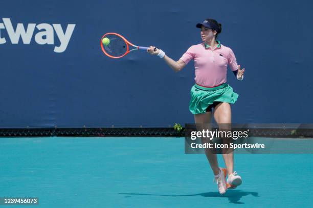 Christina McHale hits a shot during qualifying round of the Miami Open on March 22, 2022 at Hard Rock Stadium in Miami Gardens, FL.