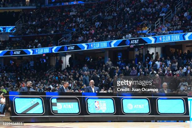 Dominique Wilkins, Isiah Thomas, Clyde Drexler, David Robinson, and Julius Erving look on during the State Farm All-Star Saturday Night as part the...