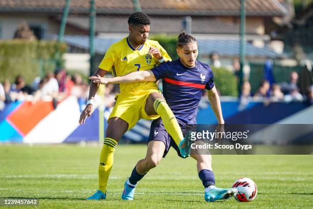 Emil ROBACK of Sweden and Jaouen HADJAM of France during the U19 European Championship Qualifications match between France and Sweden on March 23,...