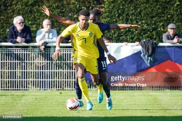 Emil ROBACK of Sweden and Brayann PEREIRA of France during the U19 European Championship Qualifications match between France and Sweden on March 23,...