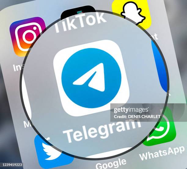 This photograph taken on March 23 shows the logo of Telegram Messenger - a secure instant messaging application - displayed on a tablet in Lille,...