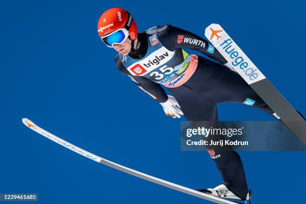 Stephan Leyhe of Germany competes during the training at the FIS World Cup Ski Flying Men Planica at Letalnica on March 24, 2022 in Planica, Slovenia.