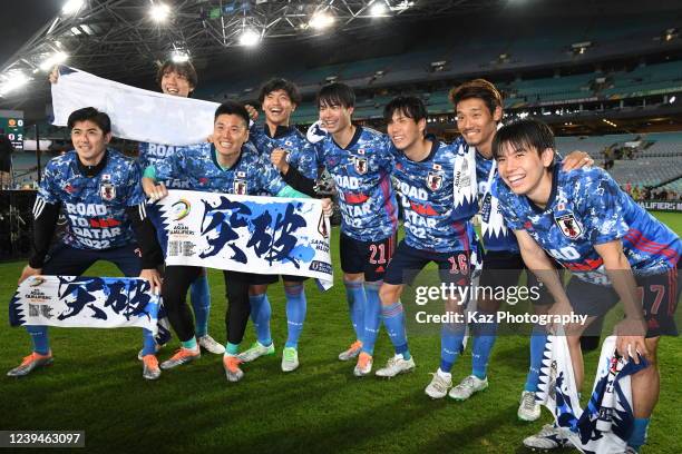 Shogo Taniguchi, Kou Itakura, Eiji Kawashima, Reo Hatate, Kaoru Mitoma, Miki Yamane, Hidemasa Morita and Ao Tanaka celebtate the win during the FIFA...