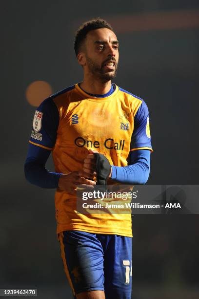 James Perch of Mansfield Town during the Sky Bet League Two match between Rochdale and Mansfield Town at Crown Oil Arena on March 22, 2022 in...