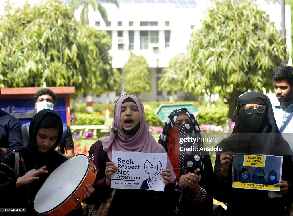 Protest against ban on hijab in some schools in New Delhi