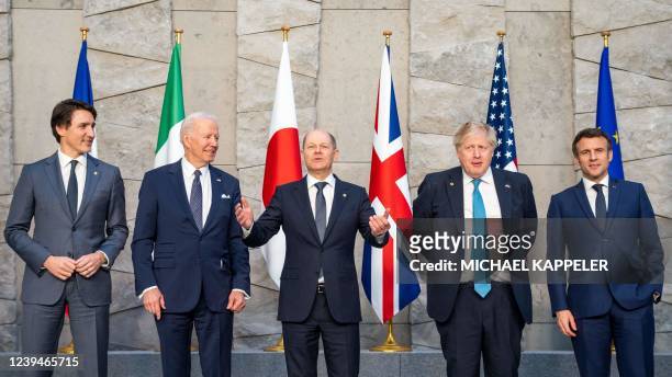 Canada's Prime Minister Justin Trudeau, US President Joe Biden, Germany's Chancellor Olaf Scholz, British Prime Minister Boris Johnson, and France's...