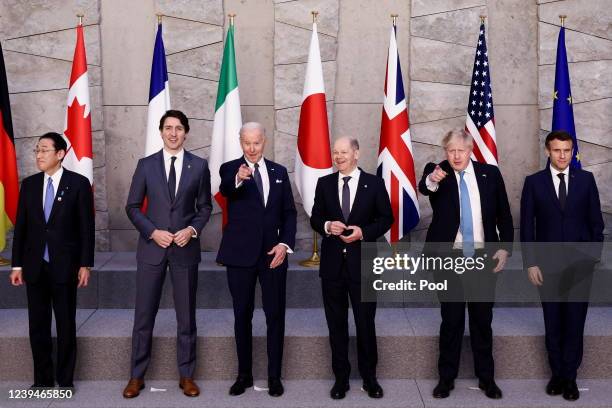 Japan's Prime Minister Fumio Kishida, Canada's Prime Minister Justin Trudeau, U.S. President Joe Biden, Germany's Chancellor Olaf Scholz, British...