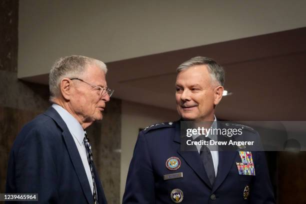 Ranking member Sen. Jim Inhofe talks with General Glen VanHerck, Commander of U.S. Northern Command and North American Aerospace Defense Command, as...