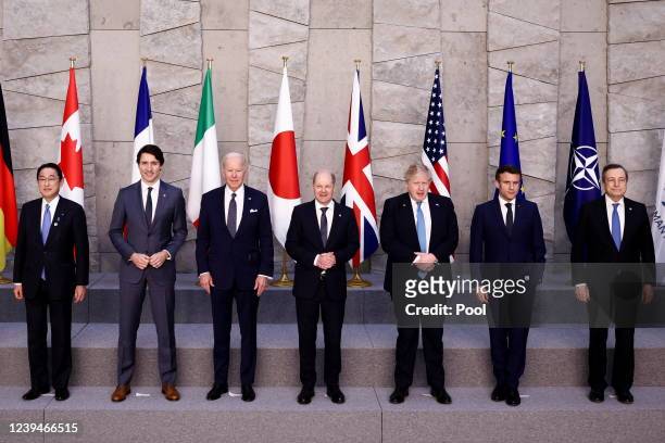 Japan's Prime Minister Fumio Kishida, Canada's Prime Minister Justin Trudeau, U.S. President Joe Biden, Germany's Chancellor Olaf Scholz, British...