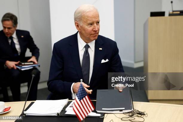 President Joe Biden attends a G7 leaders meeting during a NATO summit on Russia's invasion of Ukraine, at the alliance's headquarters in Brussels, on...