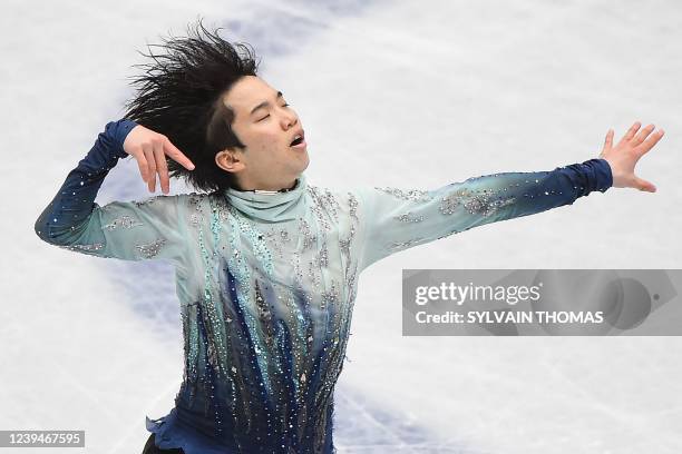 Japan's Kazuki Tomono performs during the men's short program event at the ISU World Figure Skating Championships in Montpellier, southern France, on...