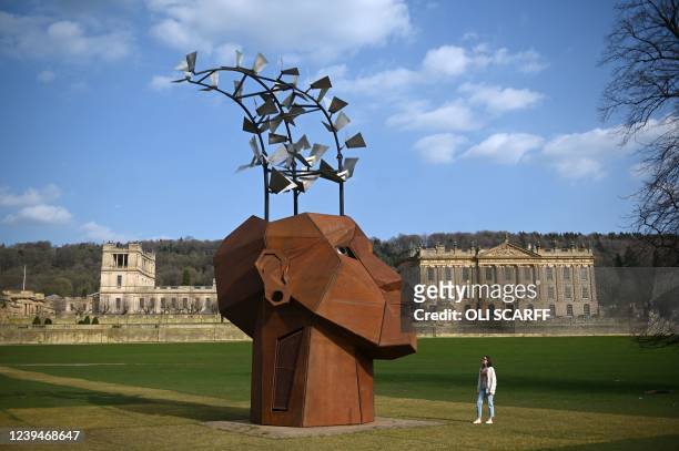 Member of the public views 'The Flybrary' a sculpture by welder and sculptor Christina Sporrong that features in the 'Radical Horizans: The Art of...