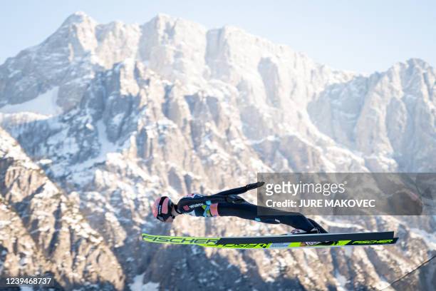 Germanys Karl Geiger competes during the qualification round of the FIS Ski Jumping World Cup Men Flying Hill Individual competition in Planica,...