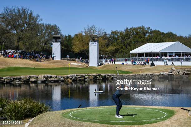 Viktor Hovland of Norway hits from the drop zone on the 11th hole after taking a penalty during the first round of the World Golf Championships-Dell...