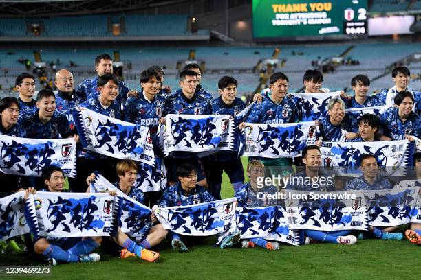 Japan celebrate after the FIFA World Cup Qualifier football match between Australia Socceroos and Japan on March 24, 2022 at Stadium Australia in...