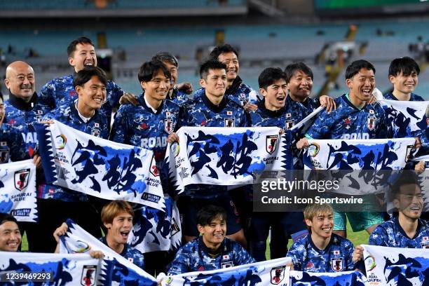 Japan celebrate after the FIFA World Cup Qualifier football match between Australia Socceroos and Japan on March 24, 2022 at Stadium Australia in...