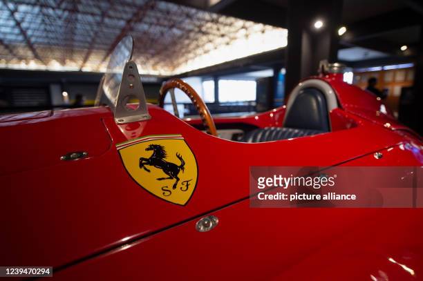 March 2022, Argentina, Balcarce: Ferrari logo on a Ferrari 125/126 on display at the Fangio Museum, a racing car raced by Formula 1 legend Juan...