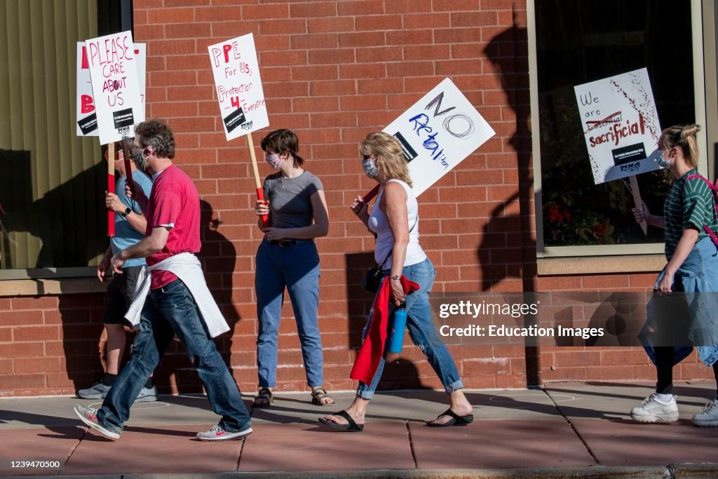 Nurses protest the lack of masks and scrubs during the pandemic.. They are demanding equipment, training, staffing and transpaency from United hospital and other hospitals.