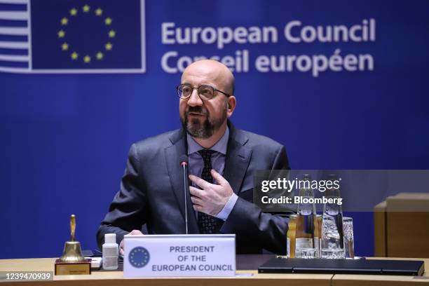 Charles Michel, president of the European Council, attends a European Union leaders summit to discuss support for Ukraine at the EU Council...