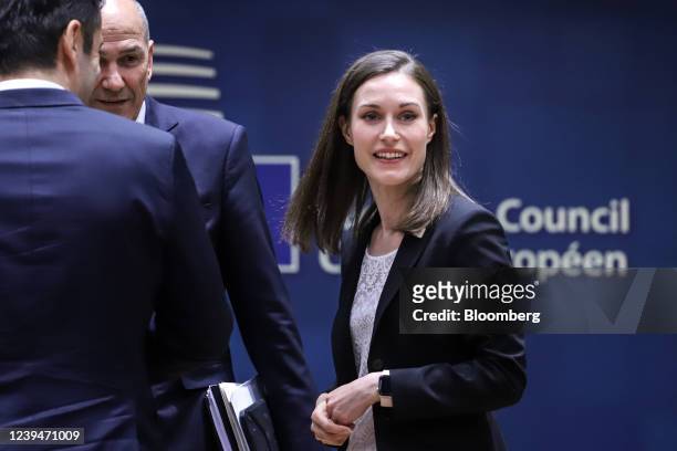 Janez Jansa, Slovenia's prime minister, second left, and Sanna Marin, Finland's prime minister, right, attend a European Union leaders summit to...
