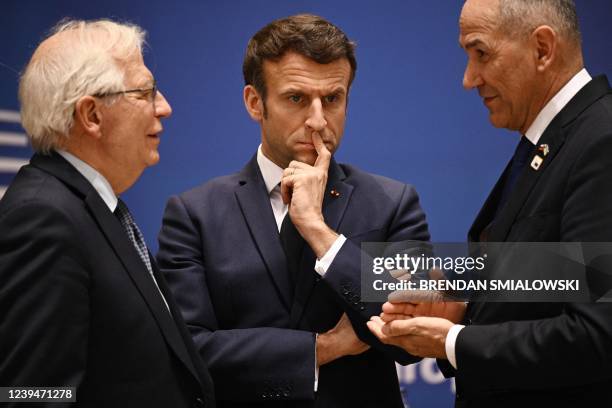 European Union High Representative for Foreign Affairs and Security Policy Josep Borrell , France's President Emmanuel Macron and Slovenia's Prime...