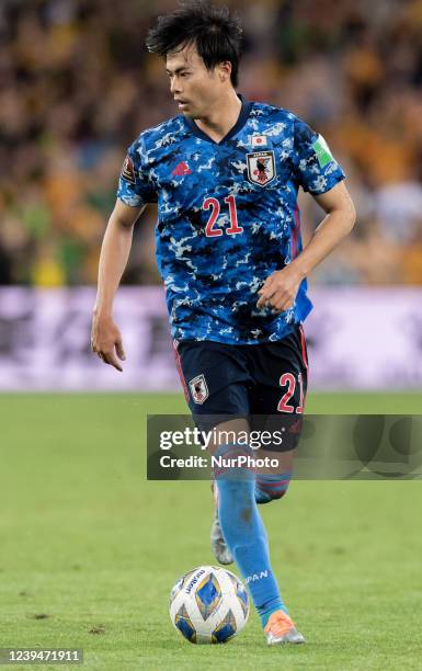 Kaoru Mitoma of Japan controls the ball during FIFA World Cup Qatar 2022 Qualification match between Australia and Japan at Stadium Australia in...