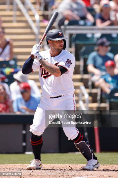 Minnesota Twins catcher Gary Sanchez bats during a spring training baseball game against the Tampa Bay Rays on March 24, 2022 at Hammond Stadium in...