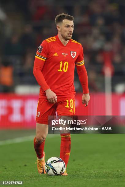 Aaron Ramsey of Wales during the 2022 FIFA World Cup Qualifier knockout round play-off match between Wales and Austria at Cardiff City Stadium on...