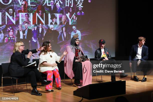 Louisa Buck, Maryam Eisler, Daniel Lismore, Philip Colbert and Benjamin Teare speak during a Q&A at the launch of Oscar-winning artist Tim Yips...