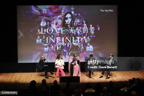 Louisa Buck, Maryam Eisler, Daniel Lismore, Philip Colbert and Benjamin Teare speak during a Q&A at the launch of Oscar-winning artist Tim Yips...