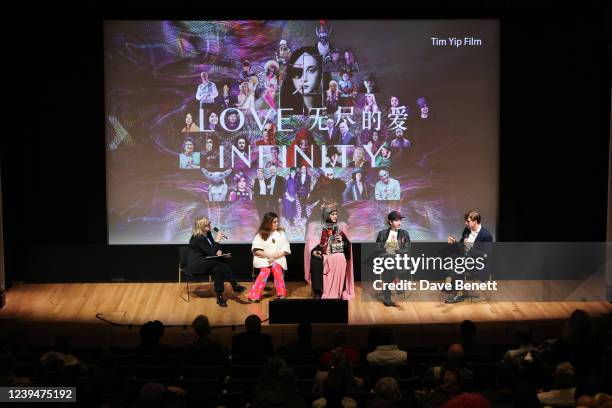 Louisa Buck, Maryam Eisler, Daniel Lismore, Philip Colbert and Benjamin Teare speak during a Q&A at the launch of Oscar-winning artist Tim Yips...