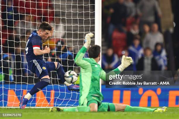 Billy Gilmour of Scotland blocks the ball on the line during the international friendly match between Scotland and Poland at Hampden Park on March...