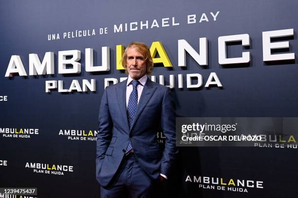 Director Michael Bay poses during a photocall for the premiere of his film "Ambulance" in Madrid on March 24, 2022.