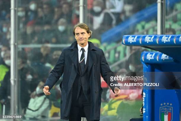Italy's coach Roberto Mancini reacts during the 2022 World Cup qualifying play-off football match between Italy and North Macedonia, on March 24,...