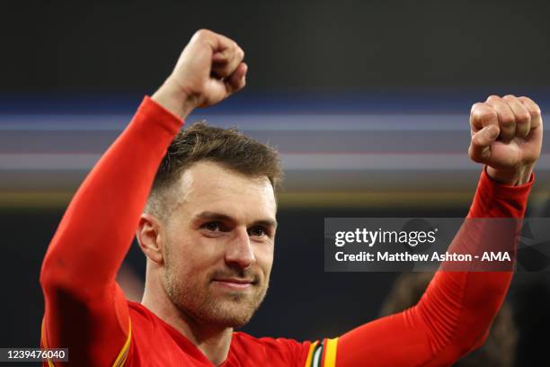 Aaron Ramsey of Wales at full time of the 2022 FIFA World Cup Qualifier knockout round play-off match between Wales and Austria at Cardiff City...