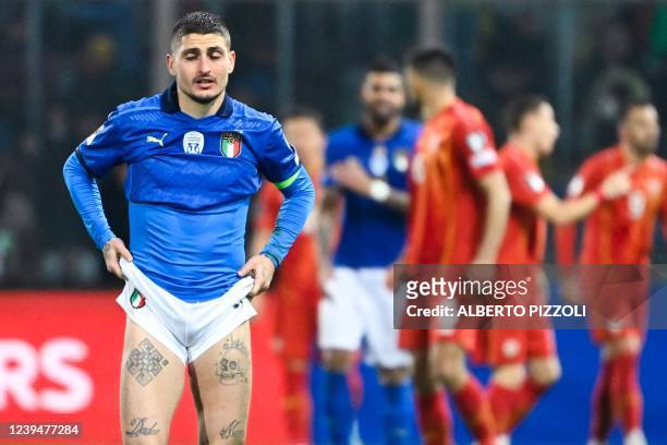 Italy's midfielder Marco Verratti reacts at the end of the 2022 World Cup qualifying play-off football match between Italy and North Macedonia, on...