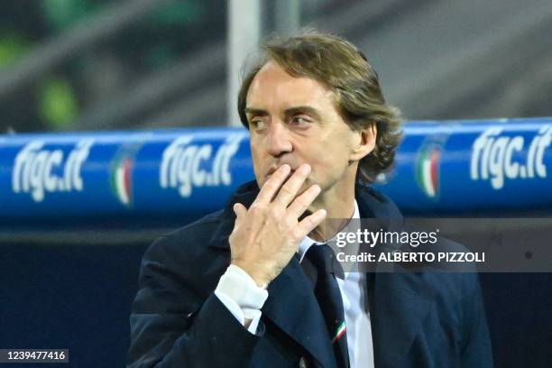 Italy's coach Roberto Mancini reacts during the 2022 World Cup qualifying play-off football match between Italy and North Macedonia, on March 24,...