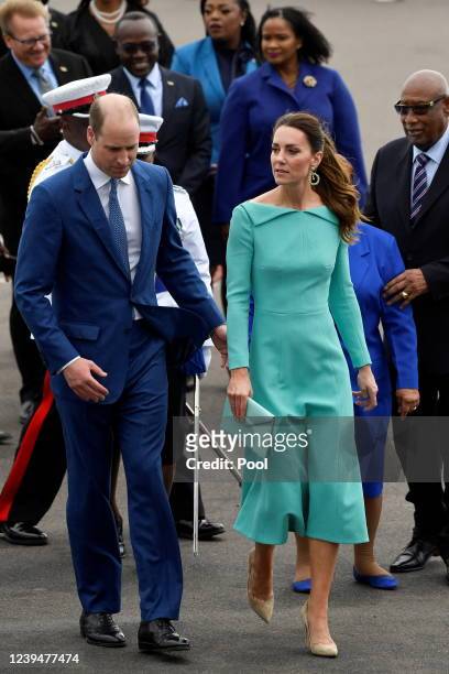 Prince William, Duke of Cambridge and Catherine, Duchess of Cambridge during the official arrival at Lynden Pindling International Airport on March...