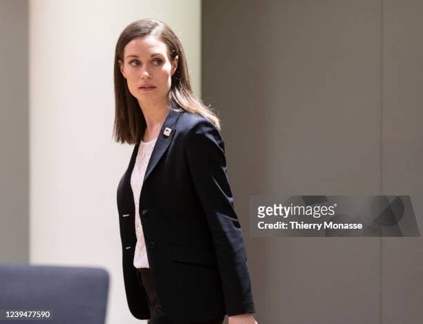 Finish Prime Minister Sanna Mirella Marin arrives prior to an EU USA Summit on the Ukrainian crisis on March 24, 2022 in Brussels, Belgium.