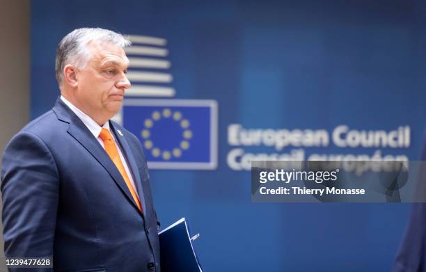 Hungarian Prime Minister Viktor Mihaly Orban arrives prior to an EU USA Summit on the Ukrainian crisis on March 24, 2022 in Brussels, Belgium.