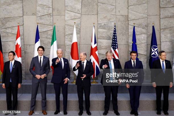 Japanese Prime Minister Fumio Kishida, Canadian Prime Minister Justin Trudeau, U.S. President Joe Biden, German Chancellor Olaf Scholz, Great Britain...