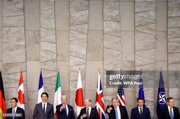 Japanese Prime Minister Fumio Kishida, Canadian Prime Minister Justin Trudeau, U.S. President Joe Biden, German Chancellor Olaf Scholz, Great Britain...