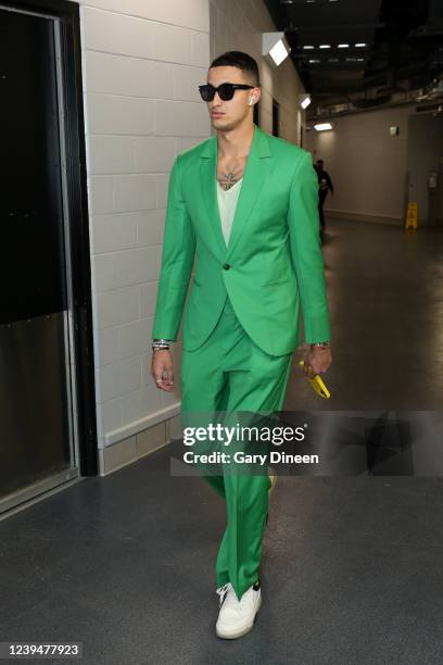 Kyle Kuzma of the Washington Wizards arrives to the arena before the game against the Milwaukee Bucks on March 24, 2022 at the Fiserv Forum Center in...