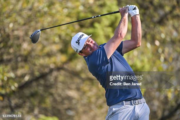 Keegan Bradley tees off on the 18th hole during Round 2 of the World Golf Championships-Dell Technologies Match Play at Austin Country Club on March...