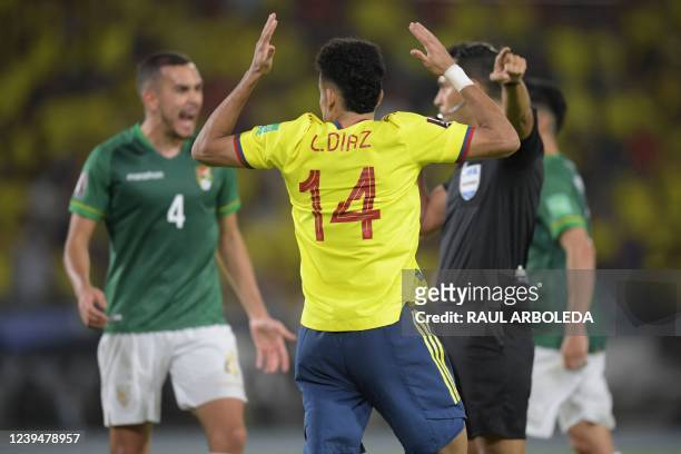 Colombia's Luis Diaz gestures during the South American qualification football match for the FIFA World Cup Qatar 2022 between Colombia and Bolivia...