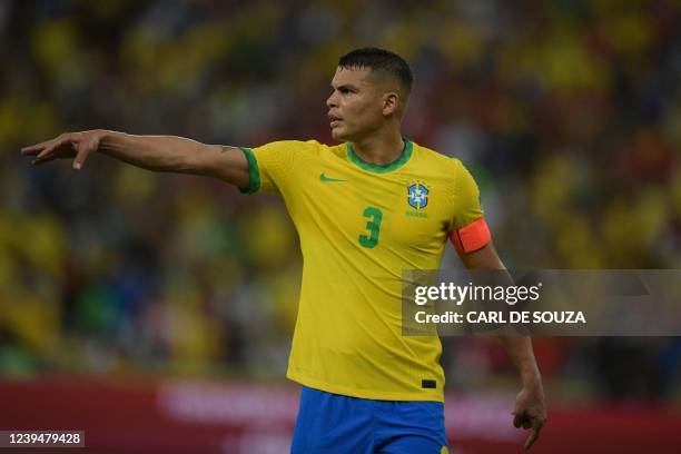 Brazil's Thiago Silva gestures during their South American qualification football match against Chile for the FIFA World Cup Qatar 2022 at Maracana...