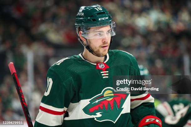 Tyson Jost of the Minnesota Wild looks on against the Vancouver Canucks in the first period at Xcel Energy Center on March 24, 2022 in St Paul,...